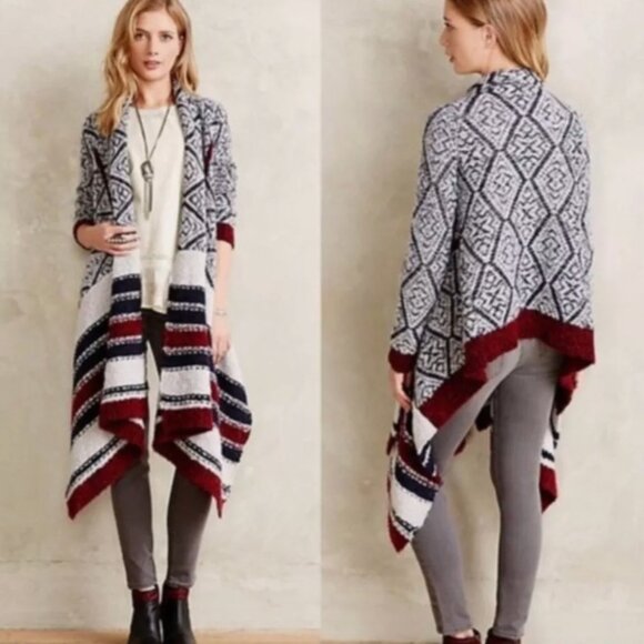 Anthropologie Sleeping on Snow Aztec Cardigan Open Shawl Gray Blue Maroon - Picture 1 of 12